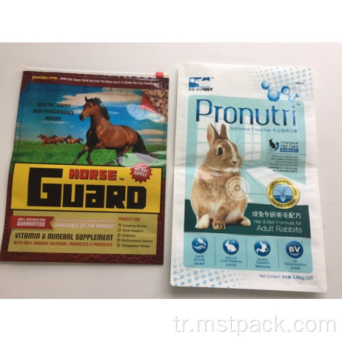 Evcil hayvan maması paketleme için düz taban fermuarlı çanta